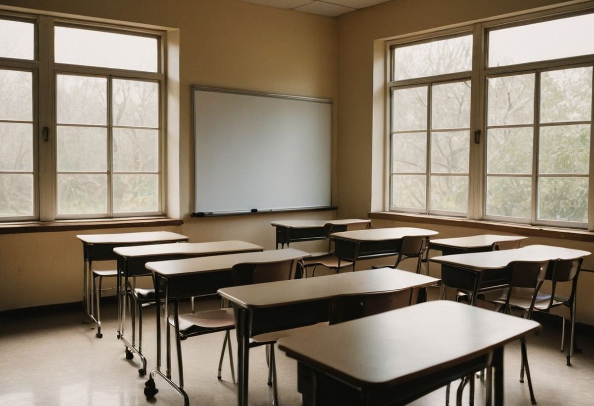 Пустой учебный класс с партами и доской в утреннем свете